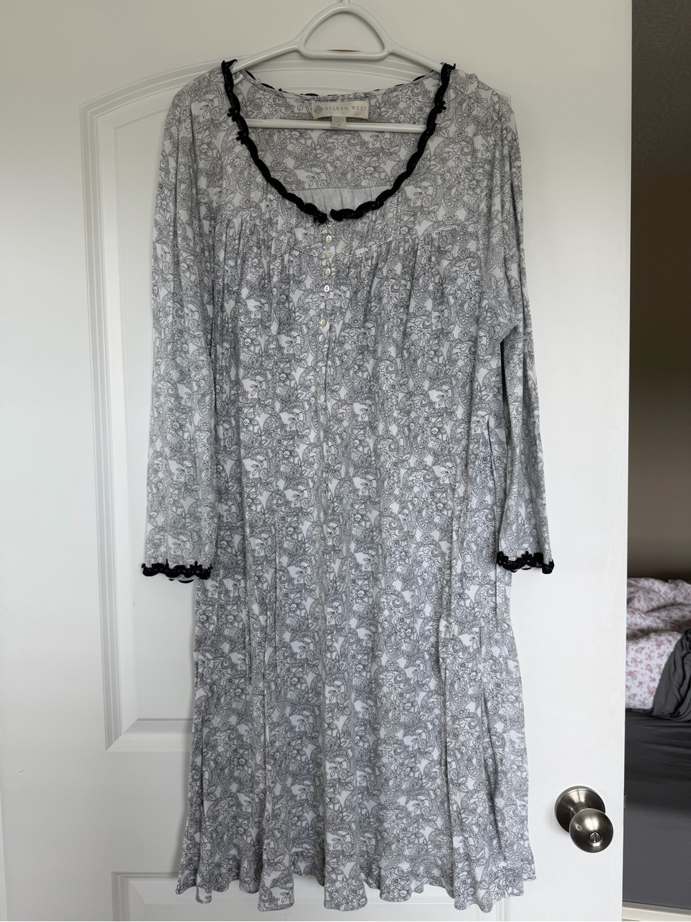 Eileen West Gray Floral Long-Sleeve Nightgown with Black Trim